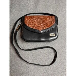 Vintage Faux Croc Embossed Shoulder Bag Black Brown Crossbody Flap Purse